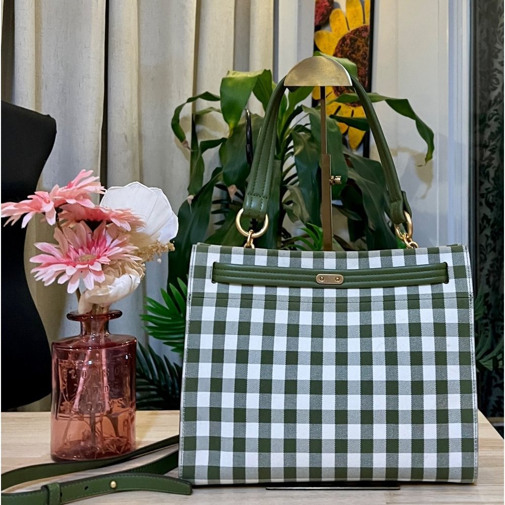 โบโบ AUTHENTIC TORY BURCH GREEN AND WHITE PLAID PETITE LEE RADZIWILL โบโบ - Picture 4 of 14